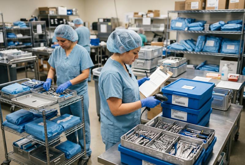 Documentary photograph of orthopedic loaner trays and sterile processing carts being reviewed in a hospital operations area