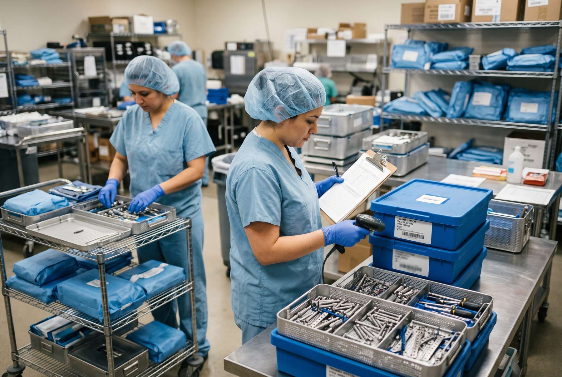 Documentary photograph of orthopedic loaner trays and sterile processing carts being reviewed in a hospital operations area