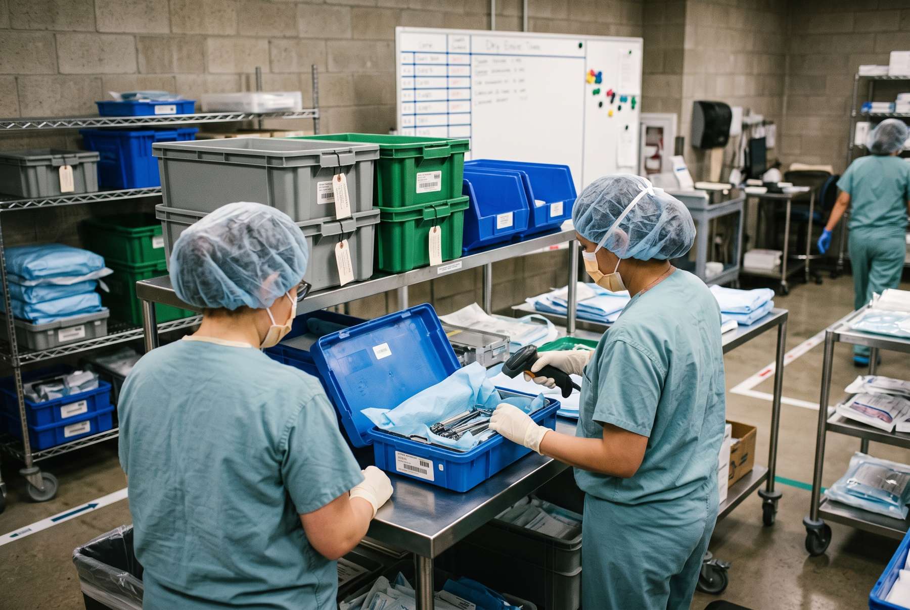 Medical device loaner trays being checked and staged in an ambulatory surgery center supply area