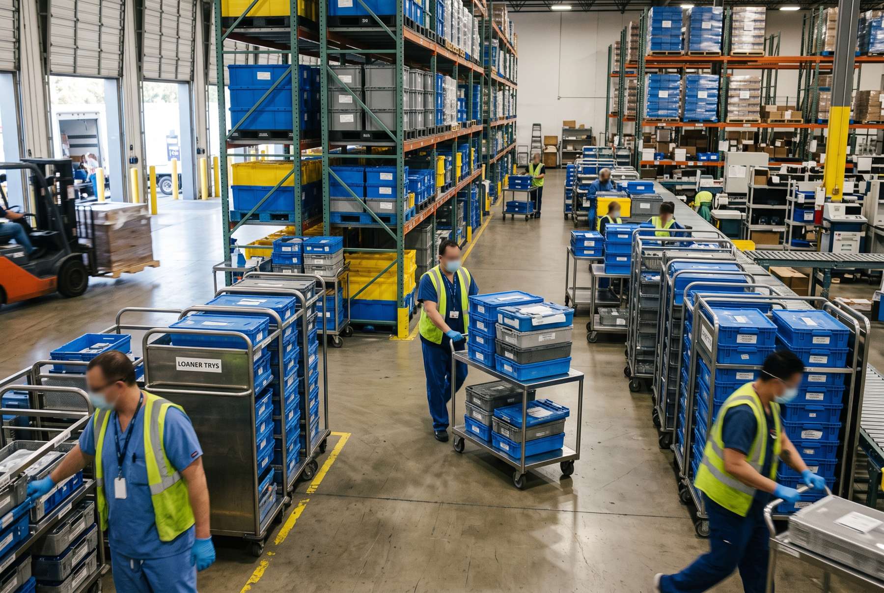 Medical device loaner trays staged on warehouse racks beside shipping containers and sterile processing carts