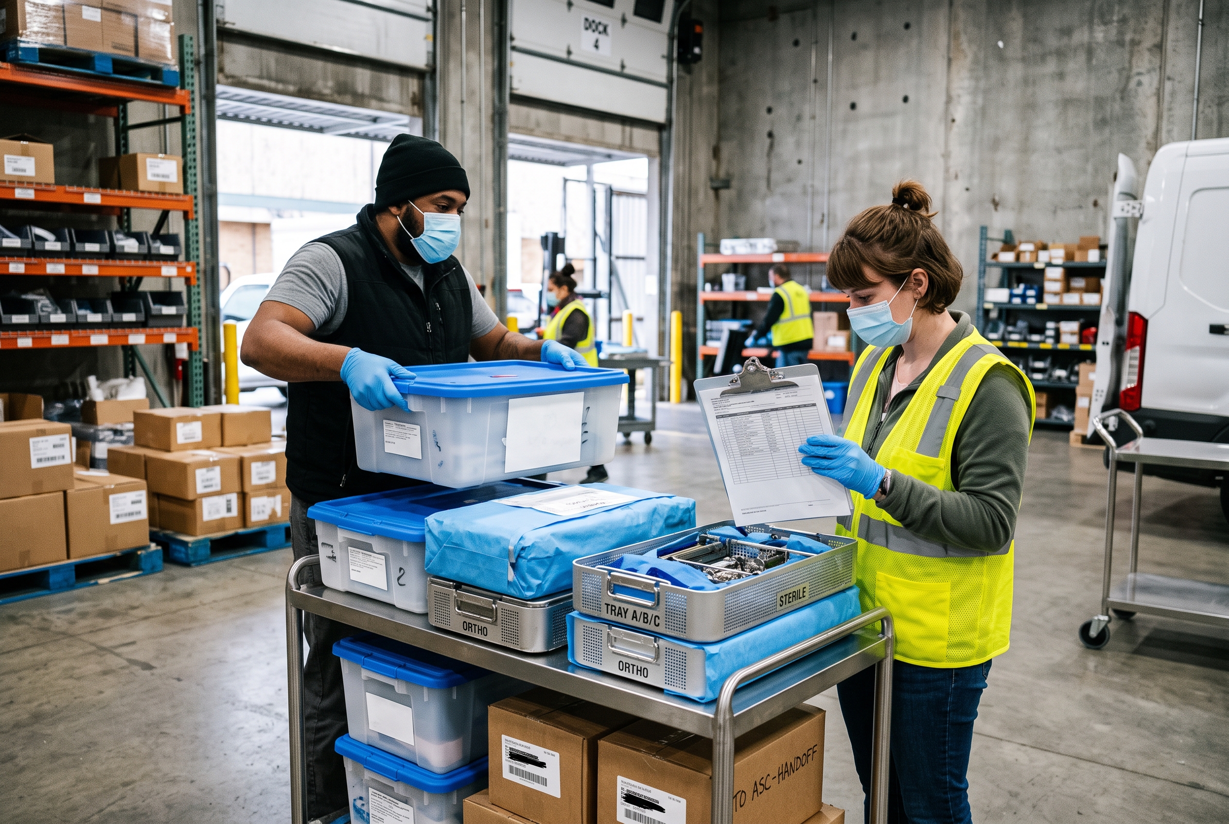 Medical device operations team moving orthopedic implant trays between a warehouse and an ambulatory surgery center loading area