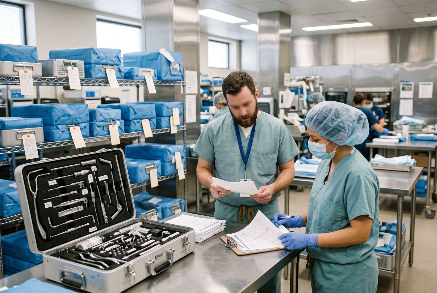 Sterile processing staff reviewing a surgical loaner tray beside wrapped instrument sets in a hospital processing area