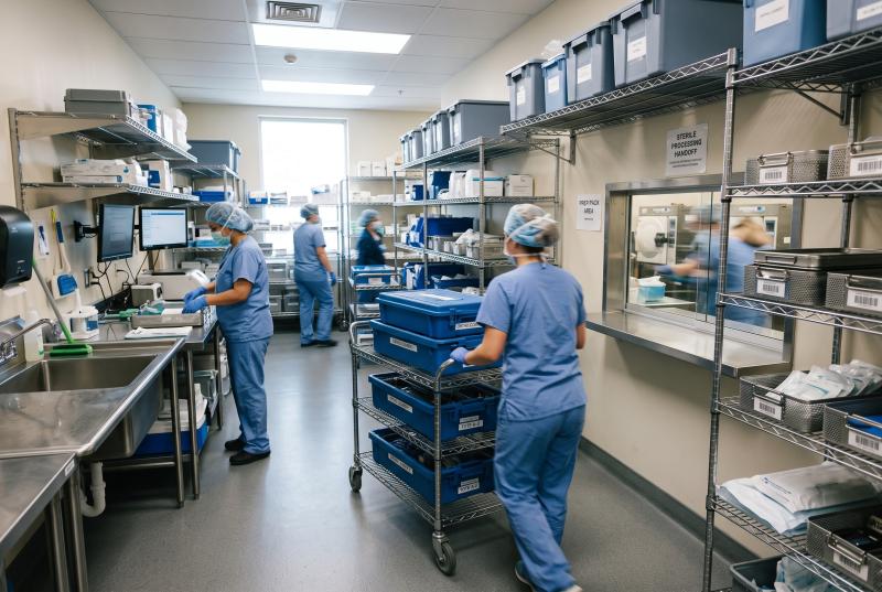 Medical device operations team reviewing surgical loaner trays in an ASC supply area