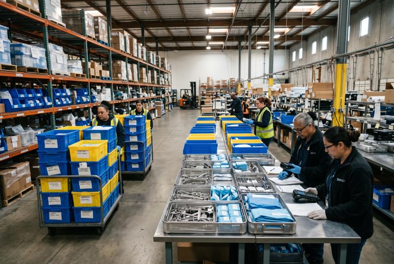 Medical device operations team locating surgical trays and loaner kits across a warehouse staging area