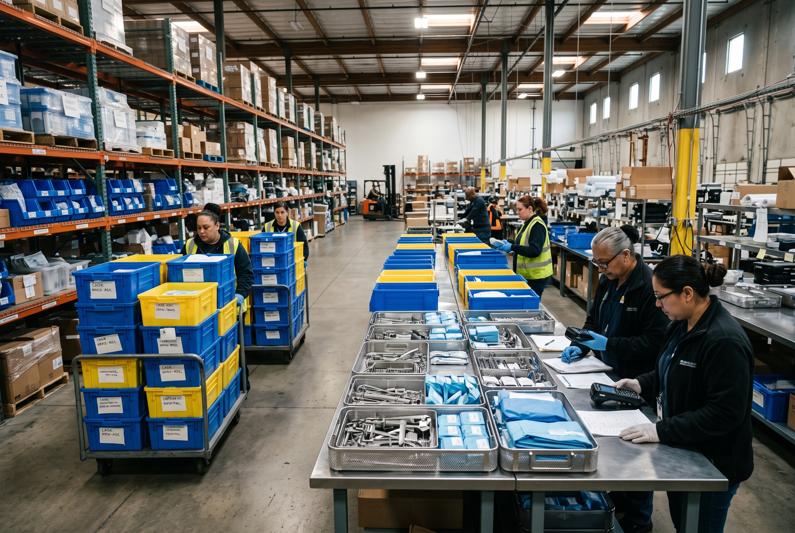 Medical device operations team locating surgical trays and loaner kits across a warehouse staging area