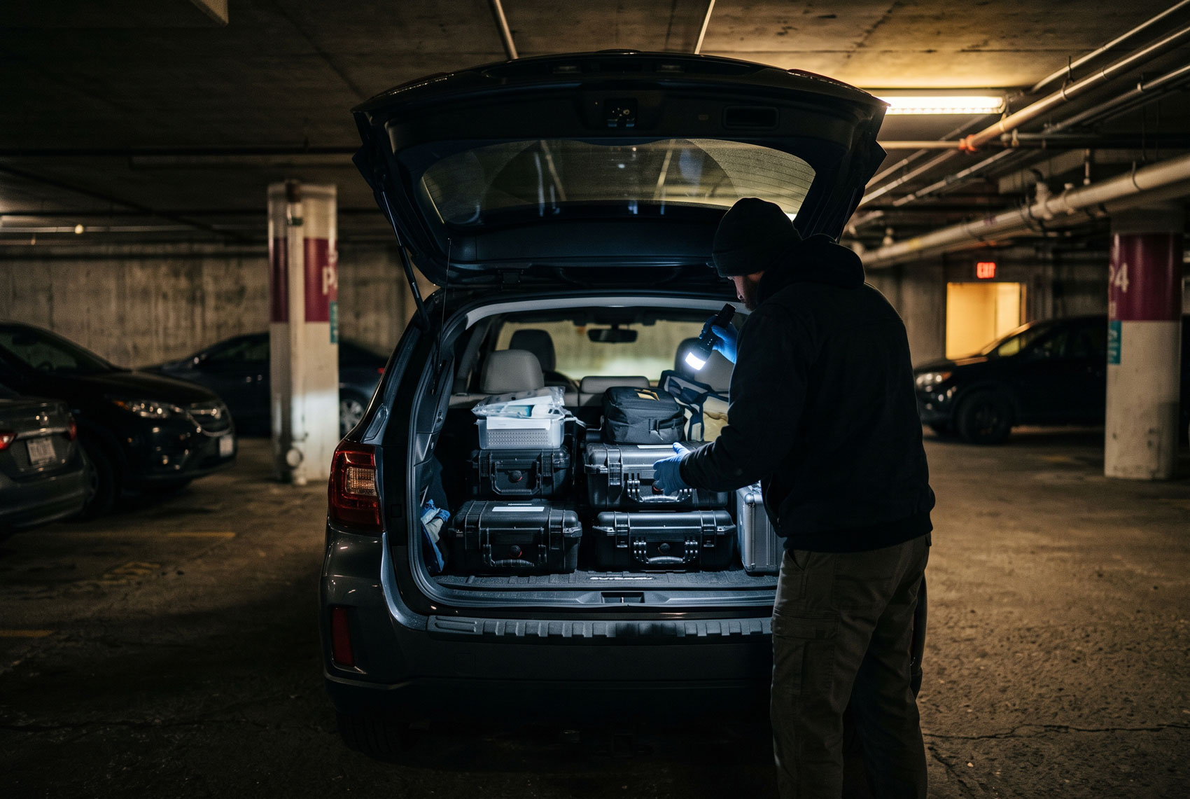 A field rep checks surgical instrument cases in the open trunk of a vehicle at night in a hospital parking garage.