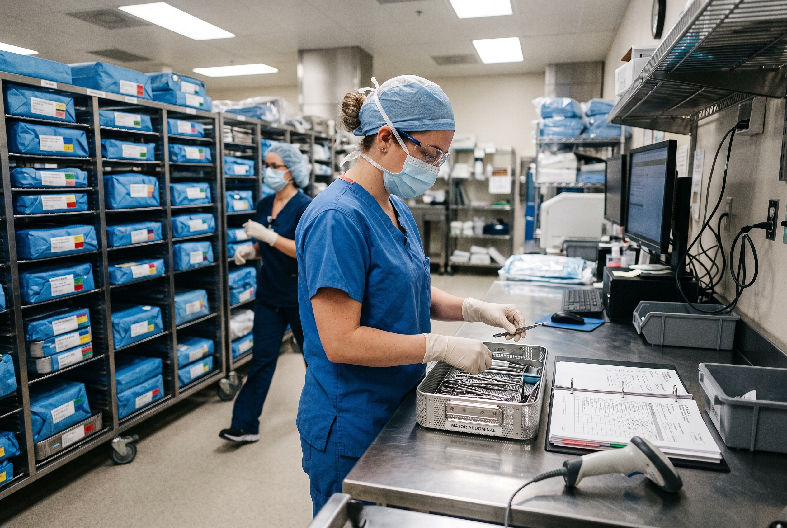A sterile processing technician scanning and organizing surgical instrument trays in a hospital SPD area before sterilization and distribution.