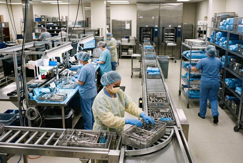 Sterile processing staff moving surgical trays through a hospital operations area