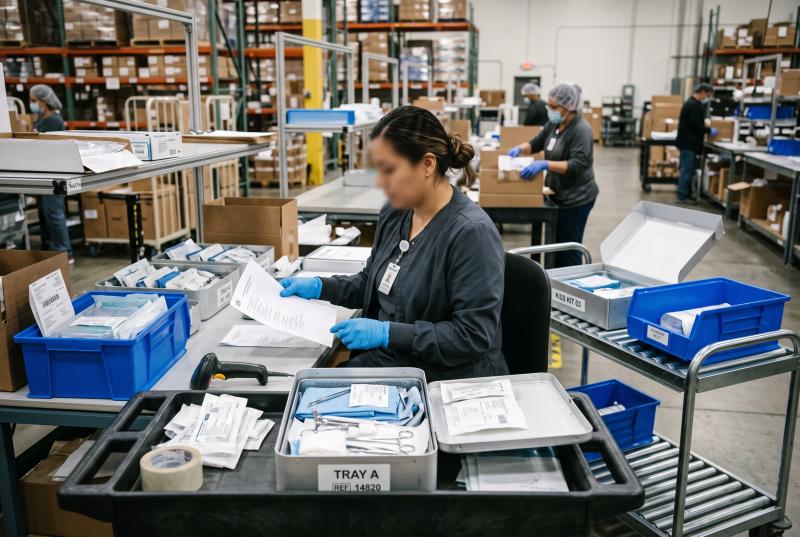 Medical device operations team checking labeled procedure trays and kit components on a warehouse worktable