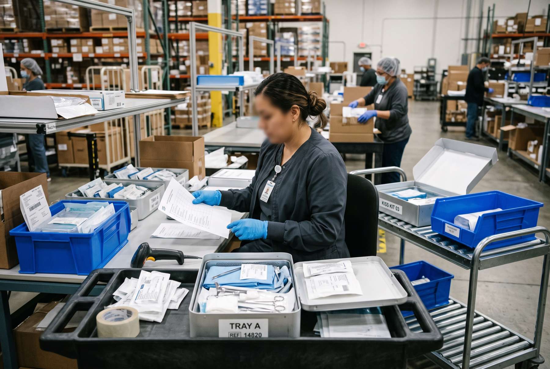 Medical device operations team checking labeled procedure trays and kit components on a warehouse worktable