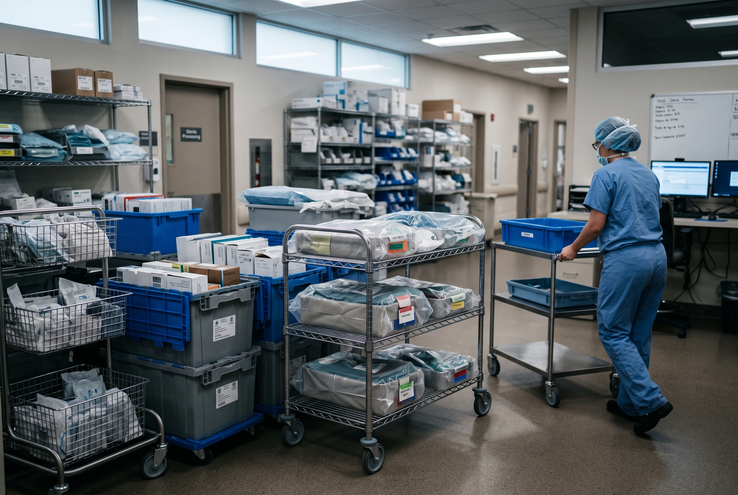 Medical device operations staff organizing orthopedic loaner trays and implant totes in an ambulatory surgery center staging area