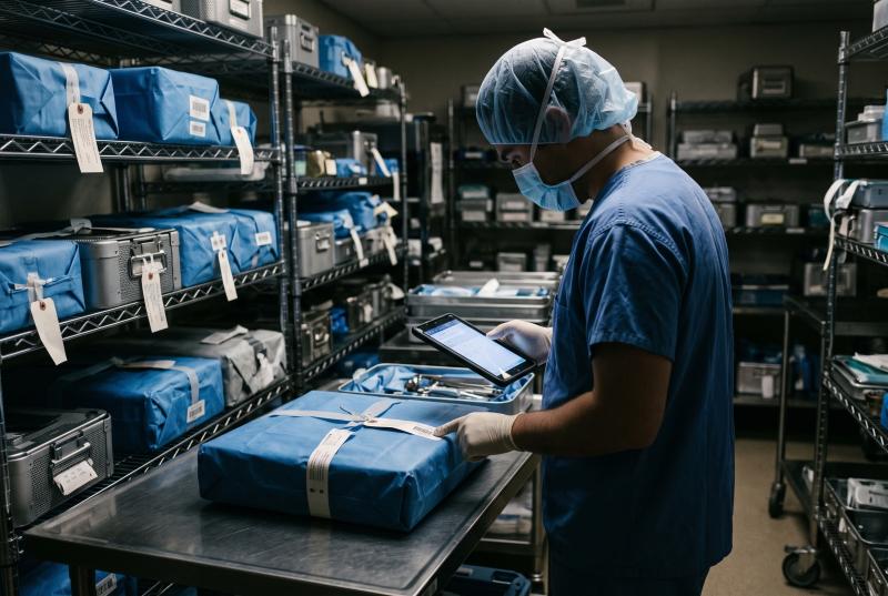 A sterile processing technician checks a wrapped surgical tray against a digital tablet display in a hospital sterile processing department before dawn.