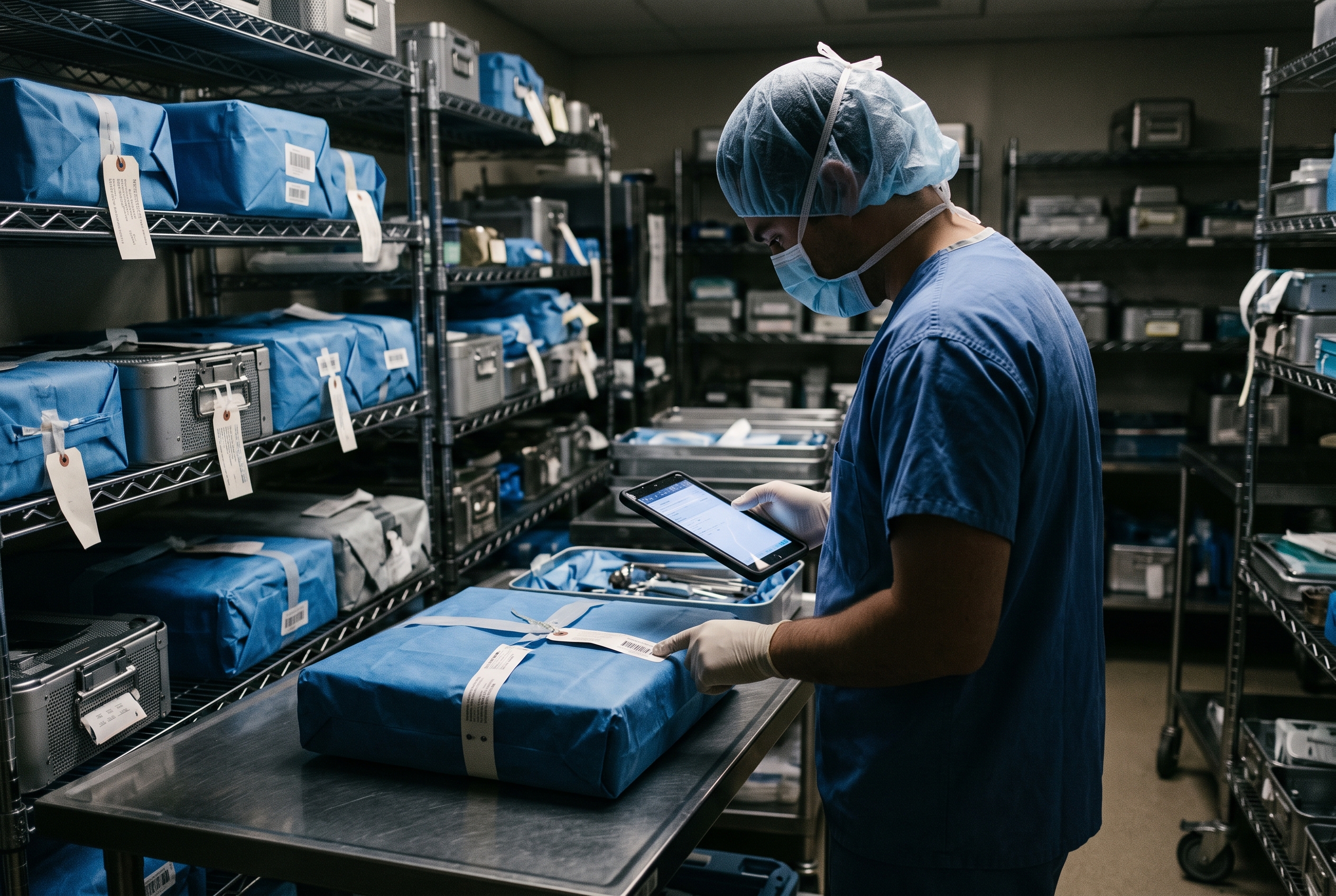 A sterile processing technician checks a wrapped surgical tray against a digital tablet display in a hospital sterile processing department before dawn.
