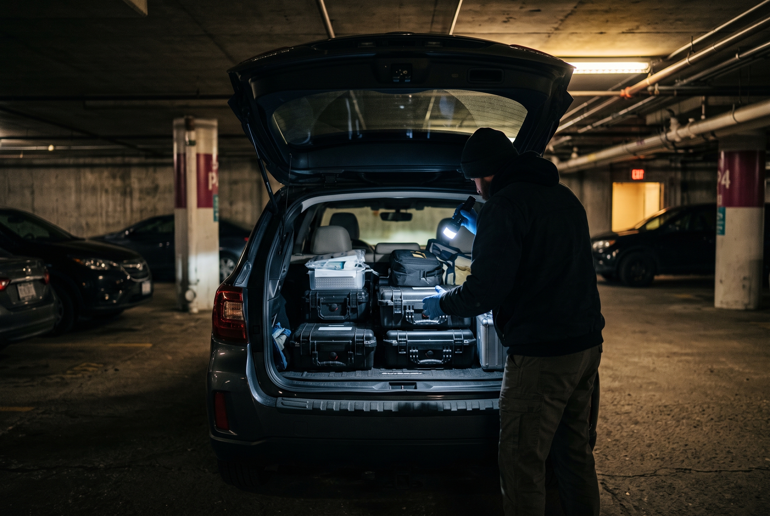 A field rep checks surgical instrument cases in the open trunk of a vehicle at night in a hospital parking garage.