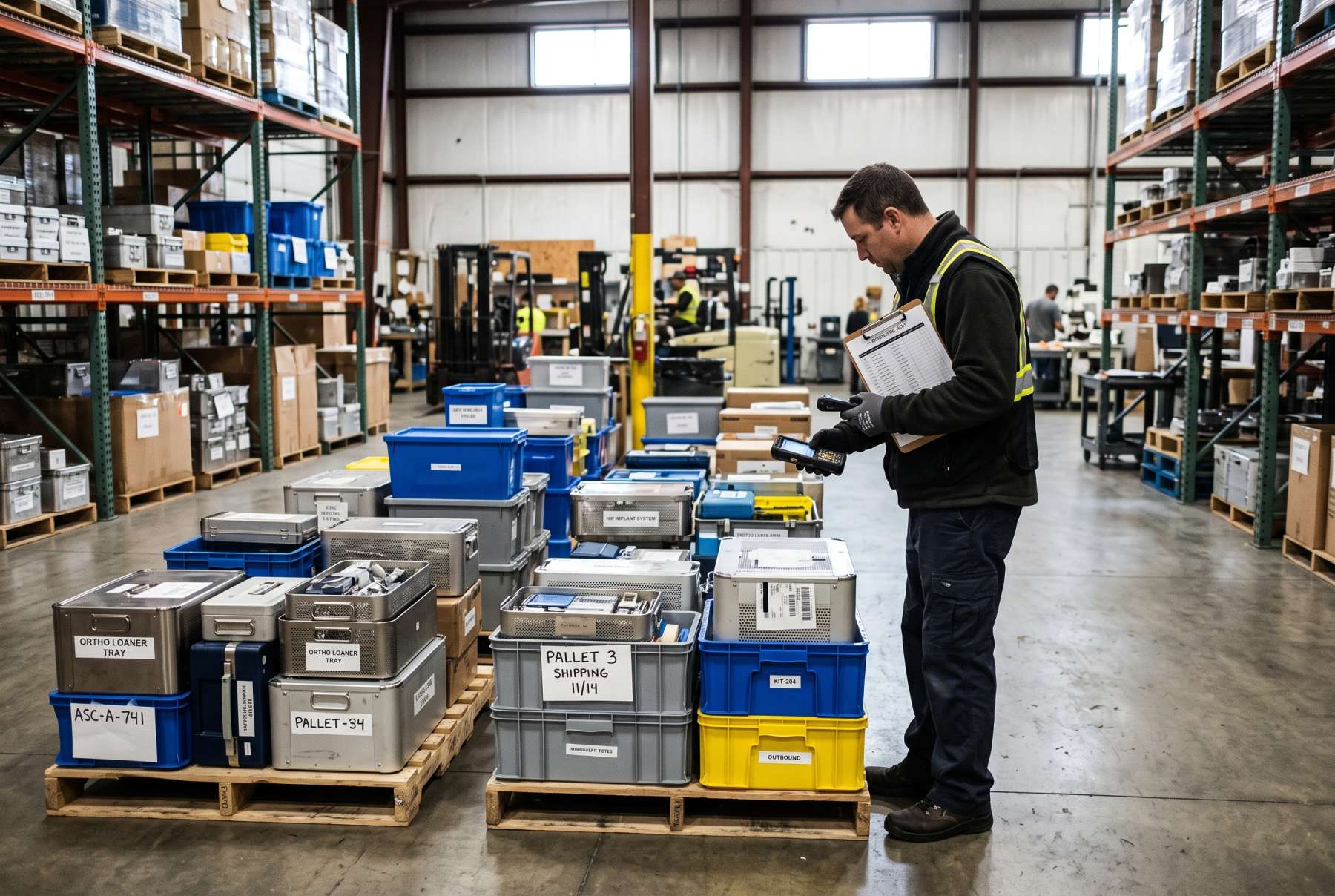 Medical device operations staff routing orthopedic loaner trays between a warehouse and ambulatory surgery centers