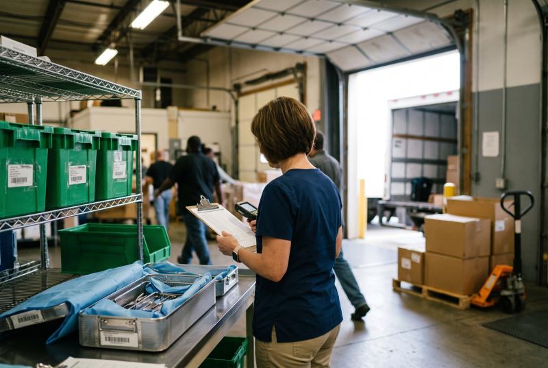 Medical device operations staff reviewing implant totes and barcode labels at a hospital supply dock