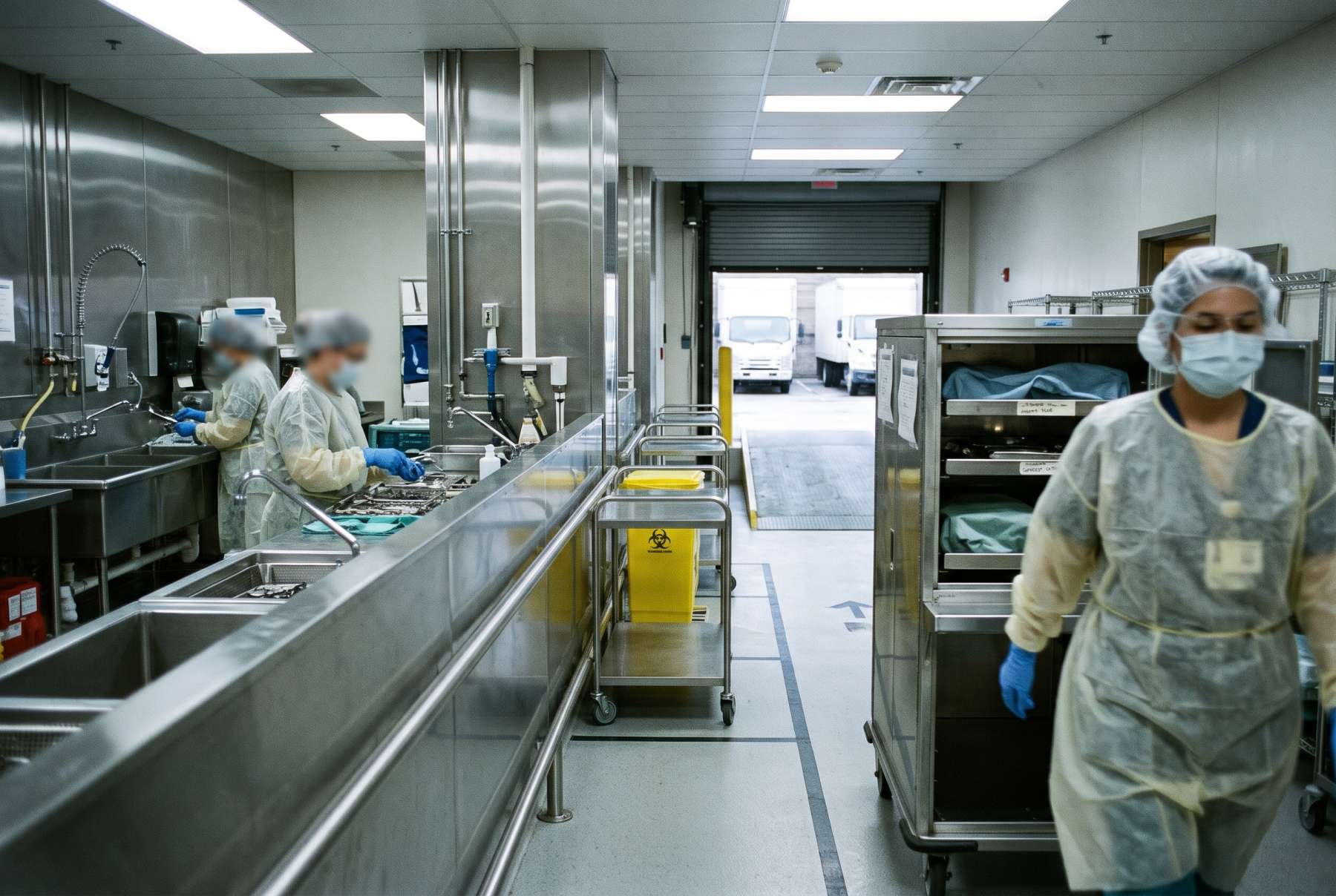 Medical device trays being loaded into a covered transport cart outside a sterile processing department