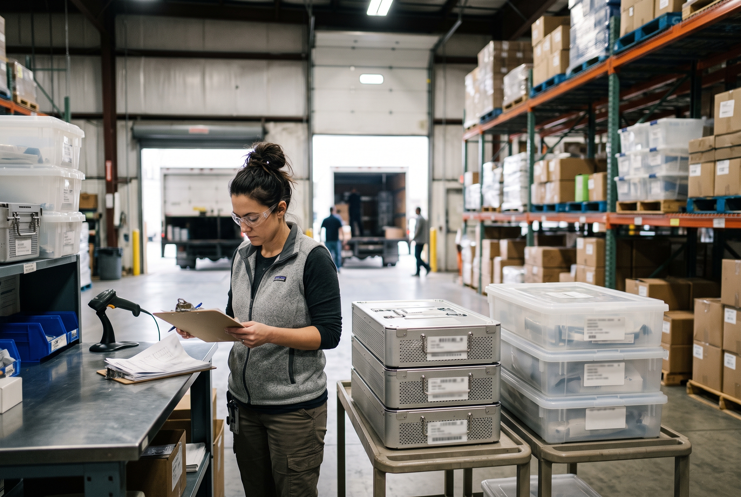 Medical device operations team reviewing surgical trays and shipping records beside a warehouse dock