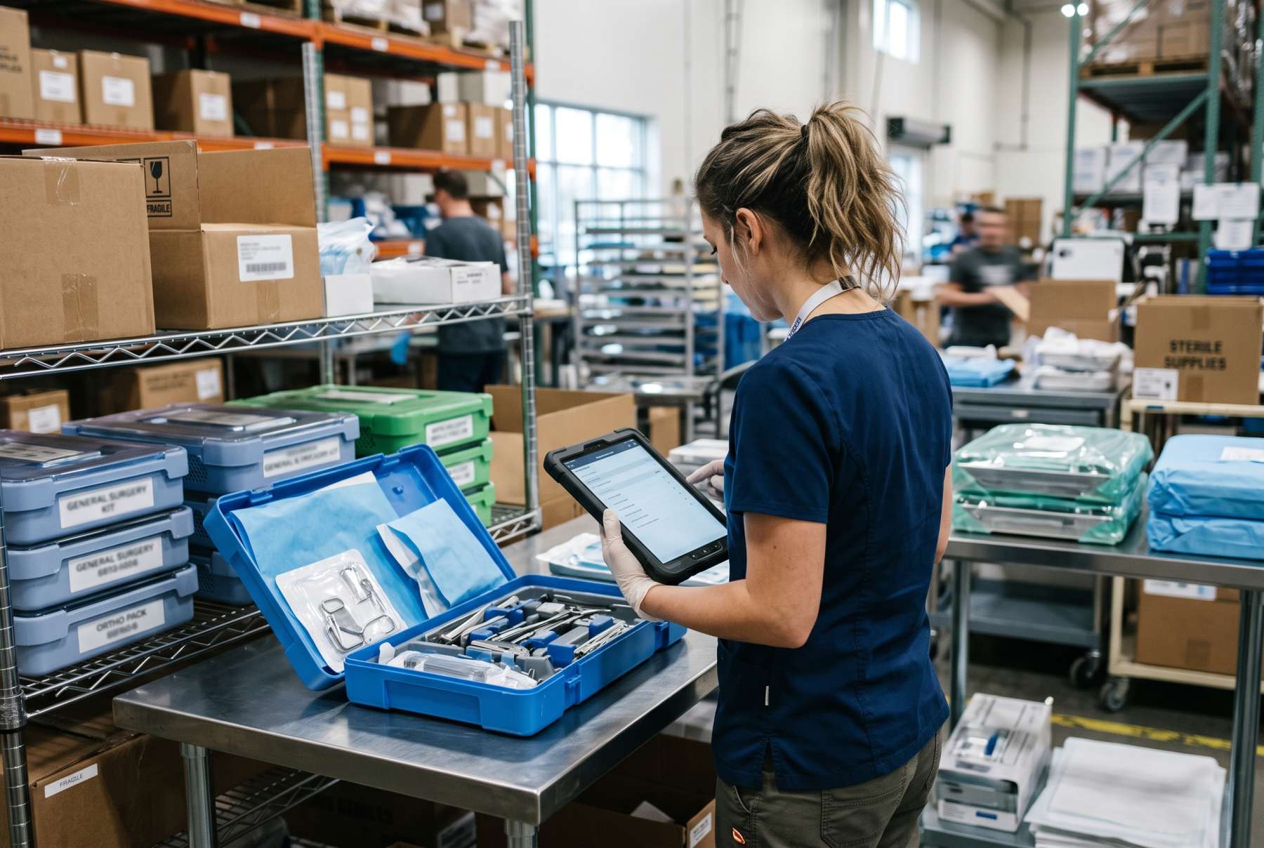 Medical device operations team inspecting an opened surgical kit beside labeled trays in a sterile processing or warehouse environment
