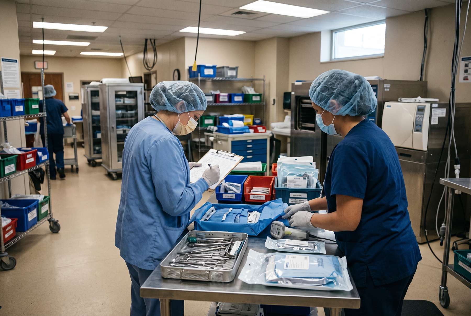 Medical device operations team reviewing procedure kits and surgical trays in a hospital supply area