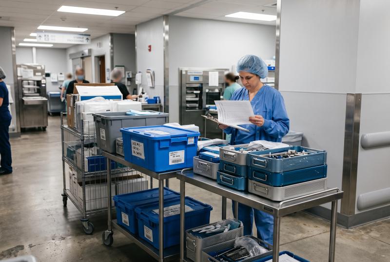 Medical device operations team reviewing orthopedic loaner trays and implant kits in an ASC staging area
