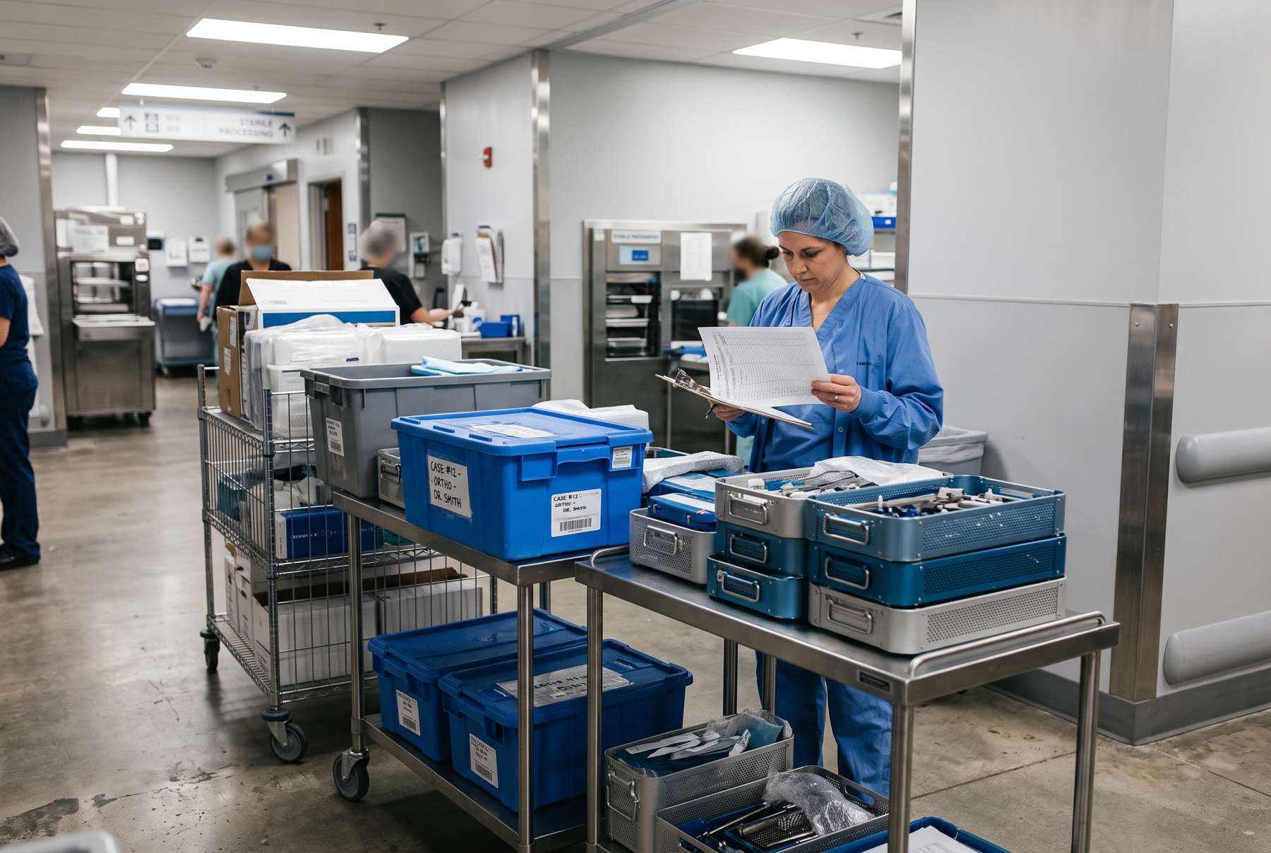 Medical device operations team reviewing orthopedic loaner trays and implant kits in an ASC staging area