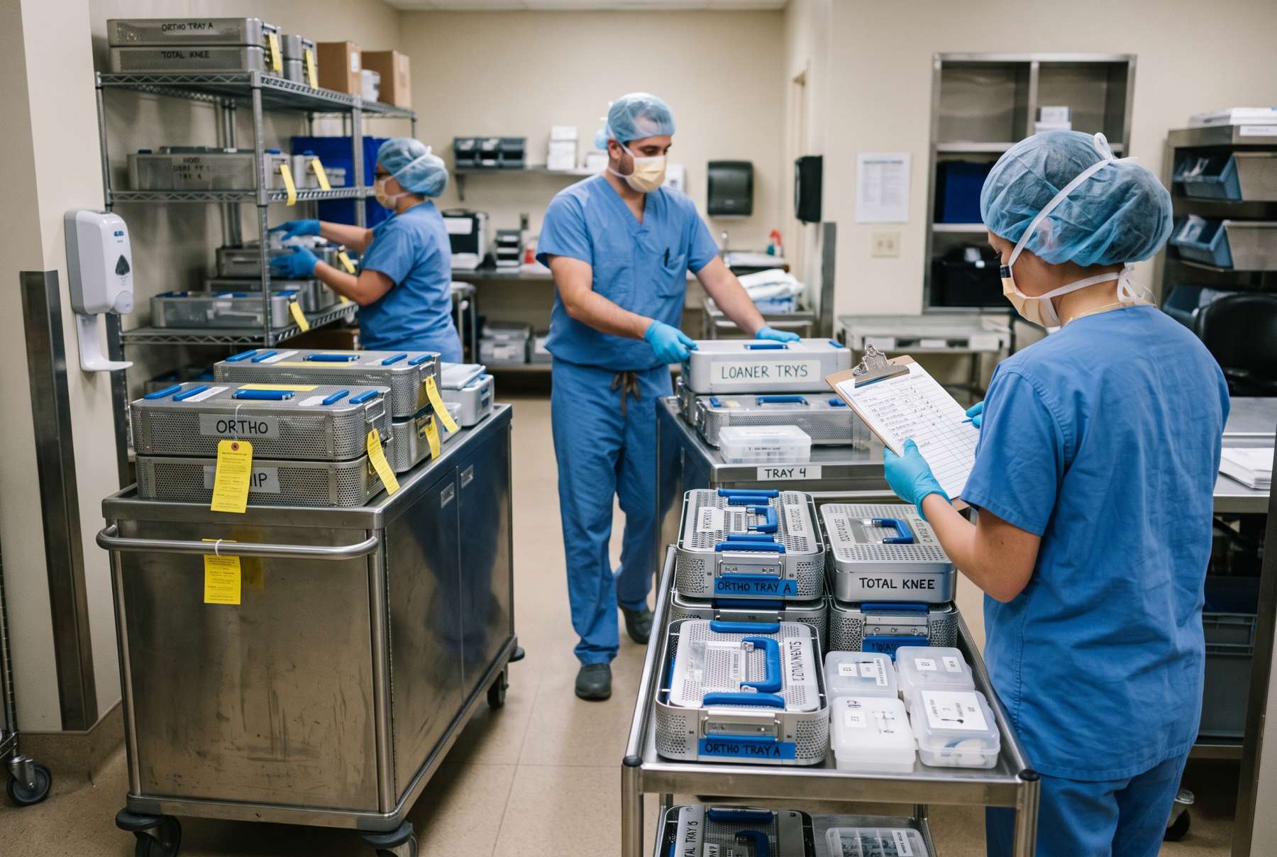 Medical device operations team organizing orthopedic loaner trays and implant kits in an ASC supply area