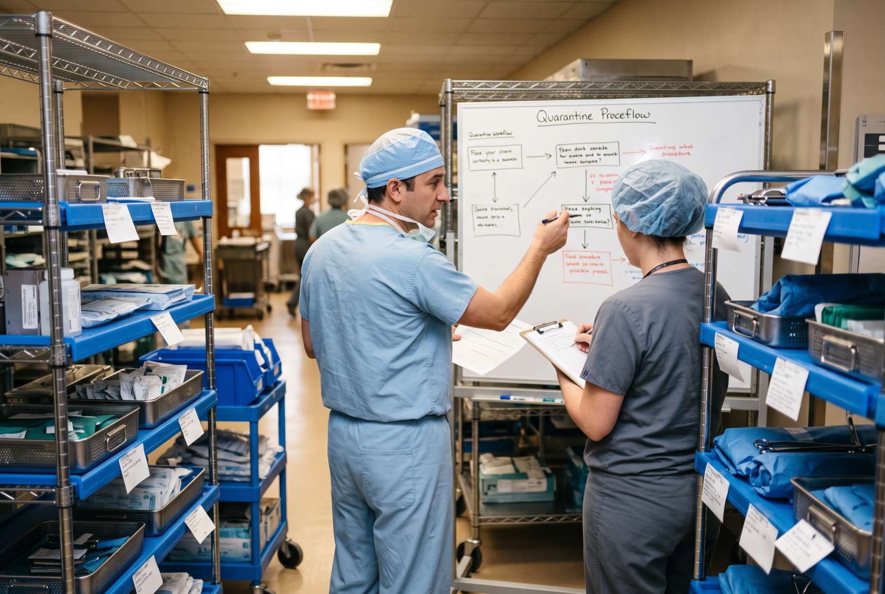 Medical device operations team reviewing a quarantined procedure kit beside labeled storage carts in a hospital supply area