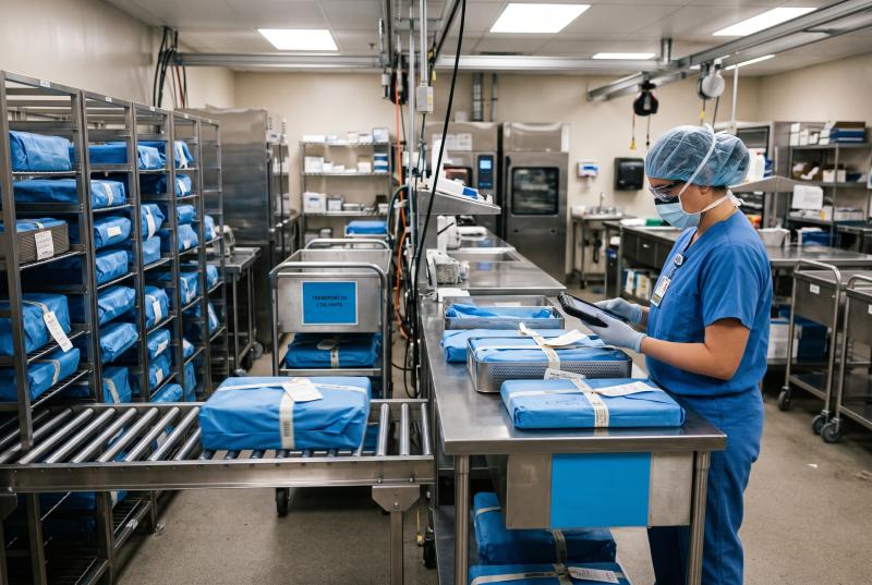 Medical device operations team reviewing surgical trays beside a sterile processing transport cart