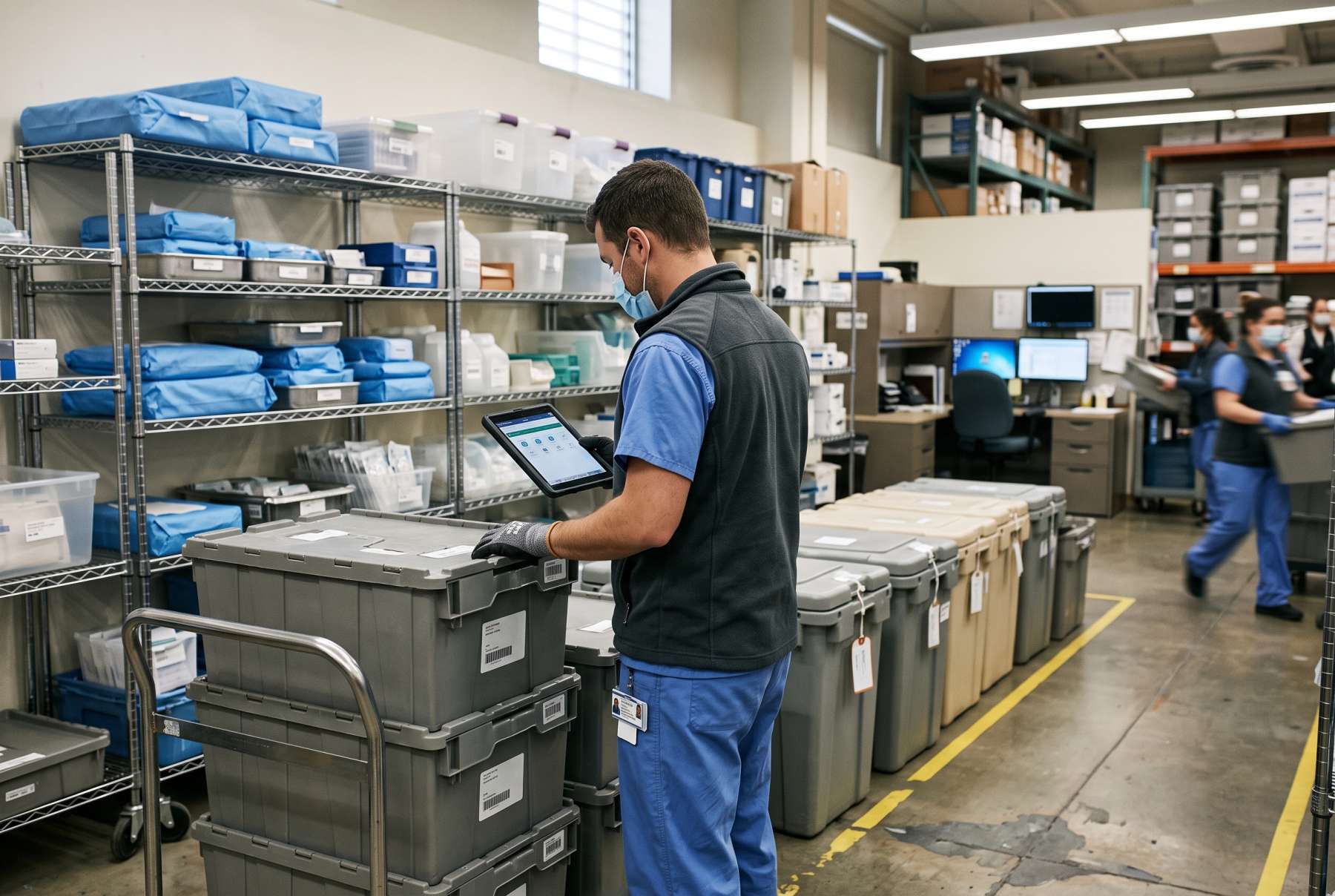 Medical device operations team reviewing surgical trays and sealed supply totes in a hospital logistics area