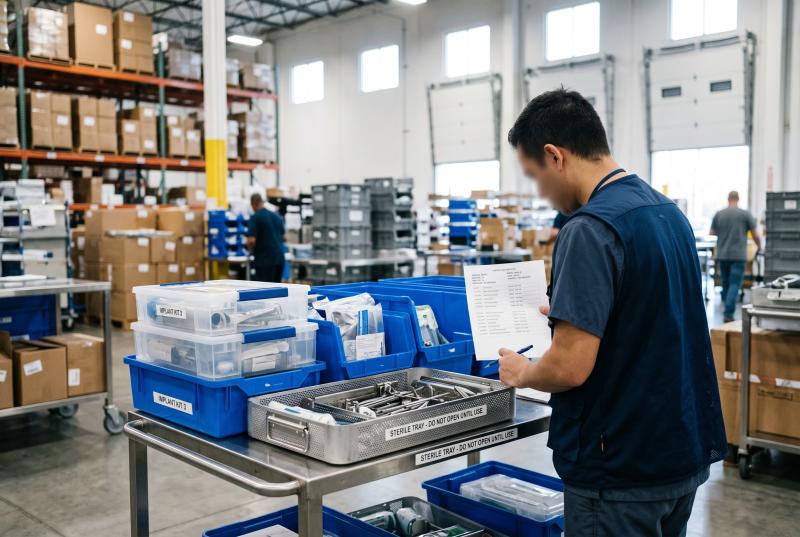 Medical device operations team reviewing loaner trays and a surgical case schedule in a warehouse staging area