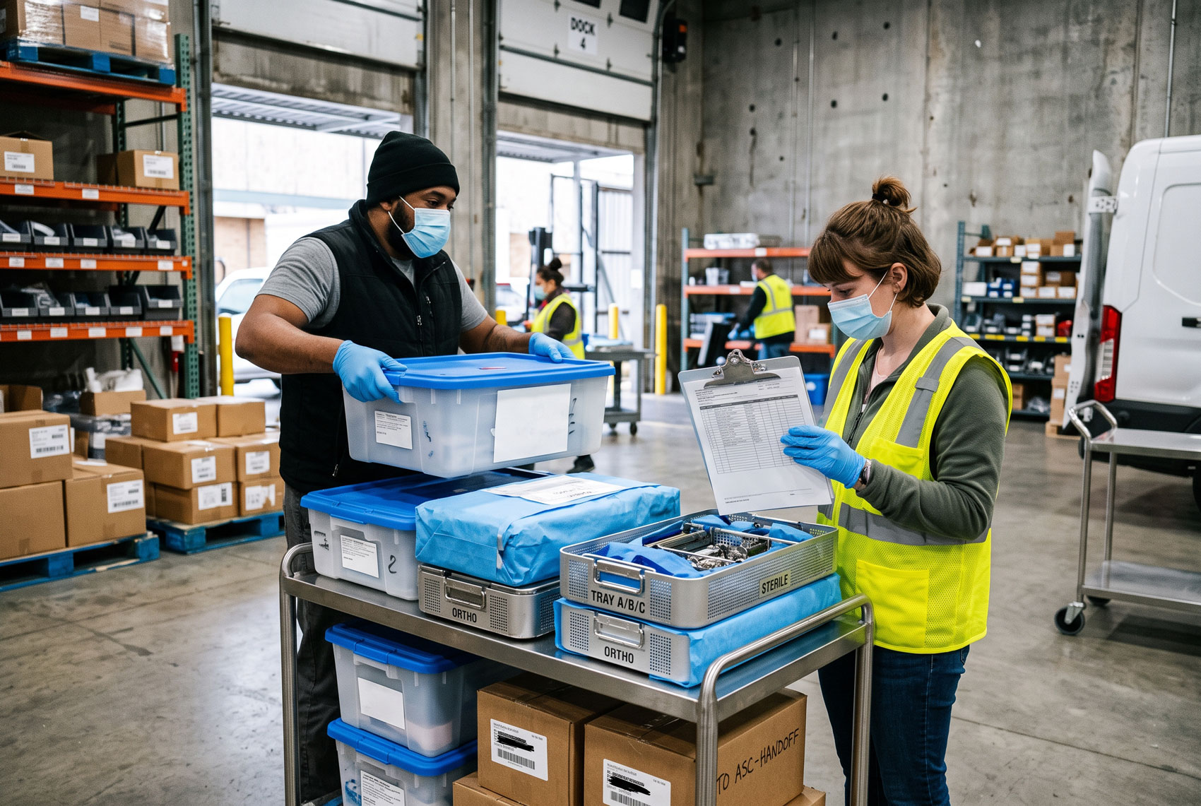 Medical device operations team moving orthopedic implant trays between a warehouse and an ambulatory surgery center loading area