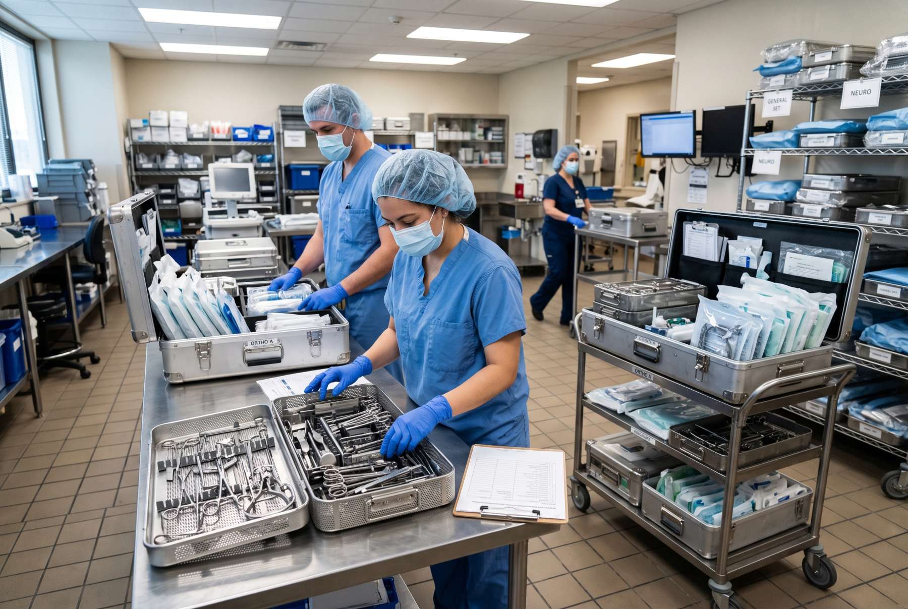 Medical device operations team reviewing alternate surgical trays and case materials in a hospital staging area